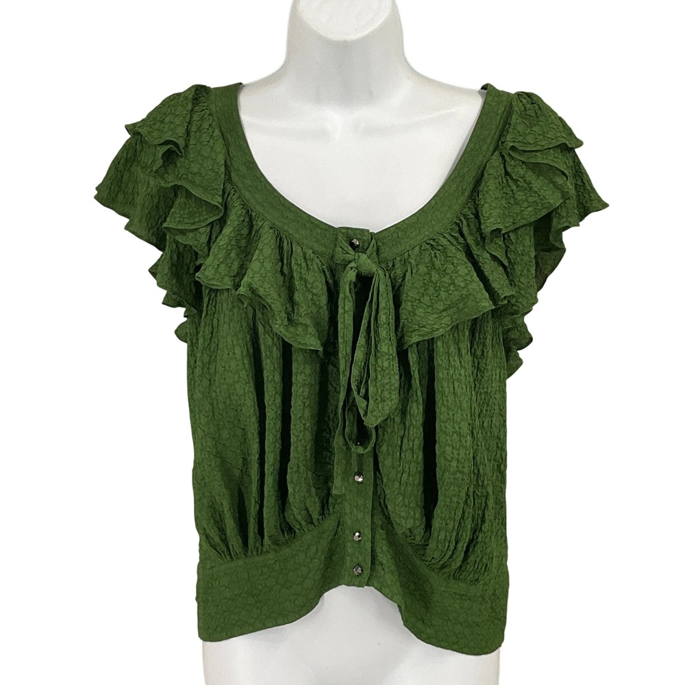 Robert Rodriguez Top Womens 4 Green Silk Ruffle Textured Cottage Forest Fairy